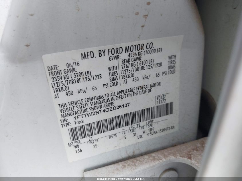 2016 Ford F-250 Xlt VIN: 1FT7W2BT4GED26137 Lot: 43911604