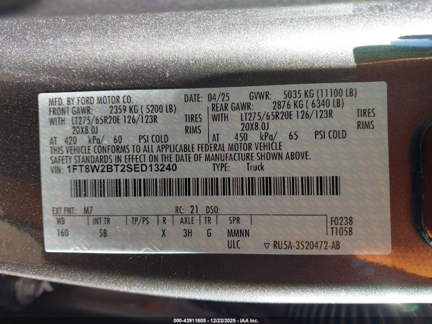 2025 Ford F-250 Lariat VIN: 1FT8W2BT2SED13240 Lot: 43911605