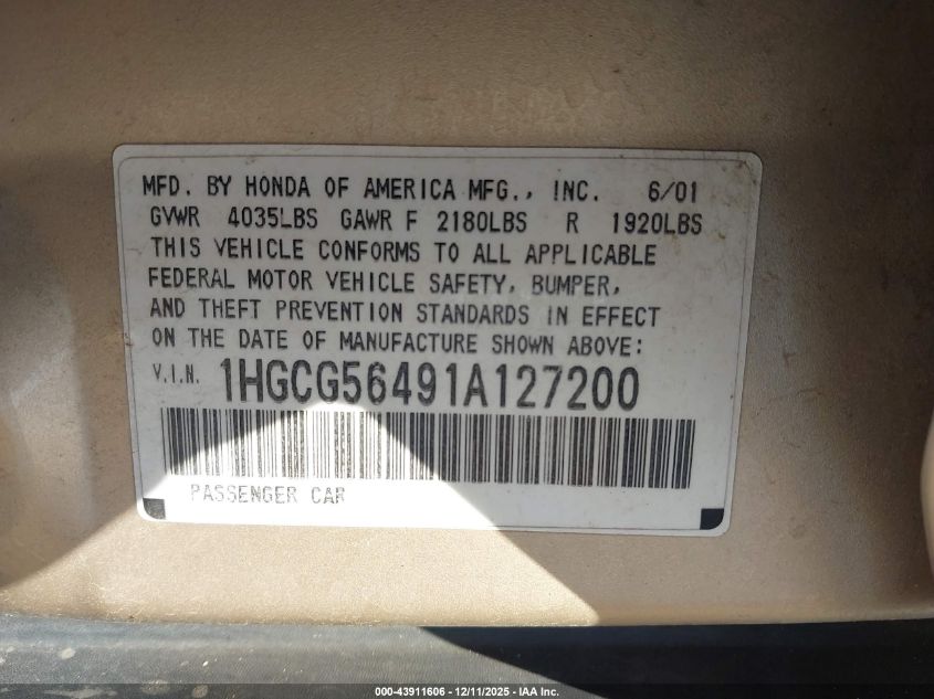 2001 Honda Accord 2.3 Lx VIN: 1HGCG56491A127200 Lot: 43911606