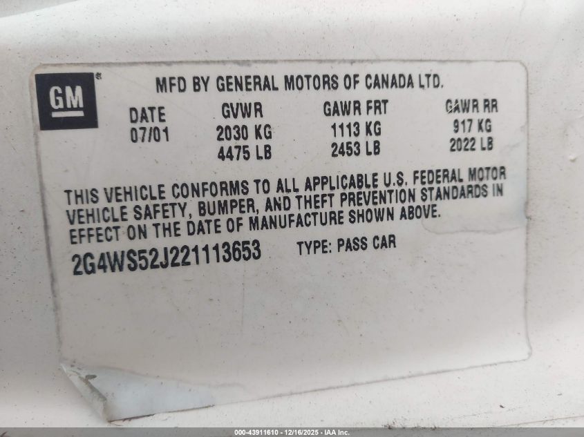 2002 Buick Century Custom VIN: 2G4WS52J221113653 Lot: 43911610