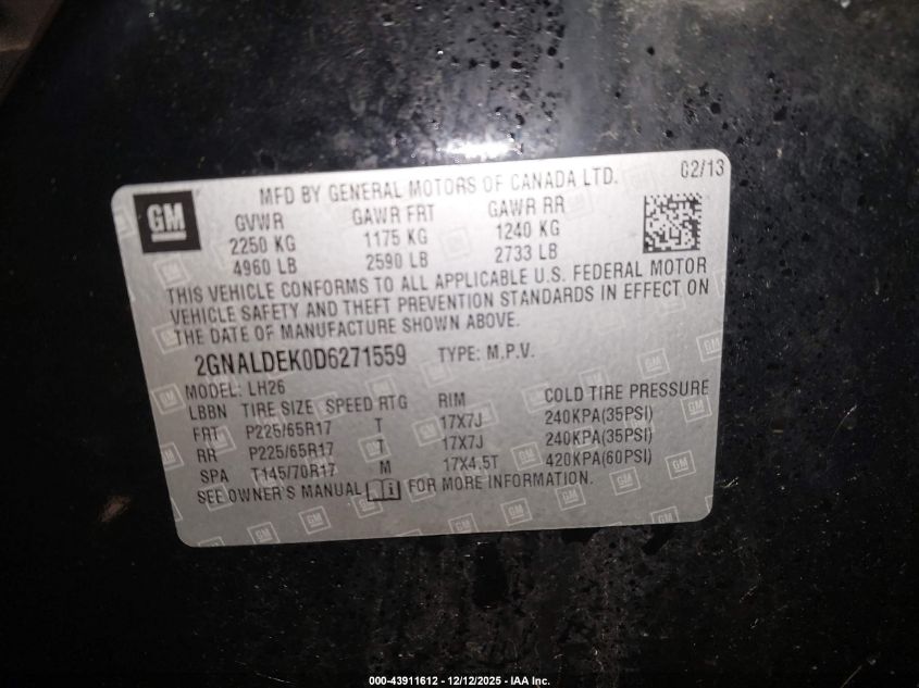 2013 Chevrolet Equinox 1Lt VIN: 2GNALDEK0D6271559 Lot: 43911612