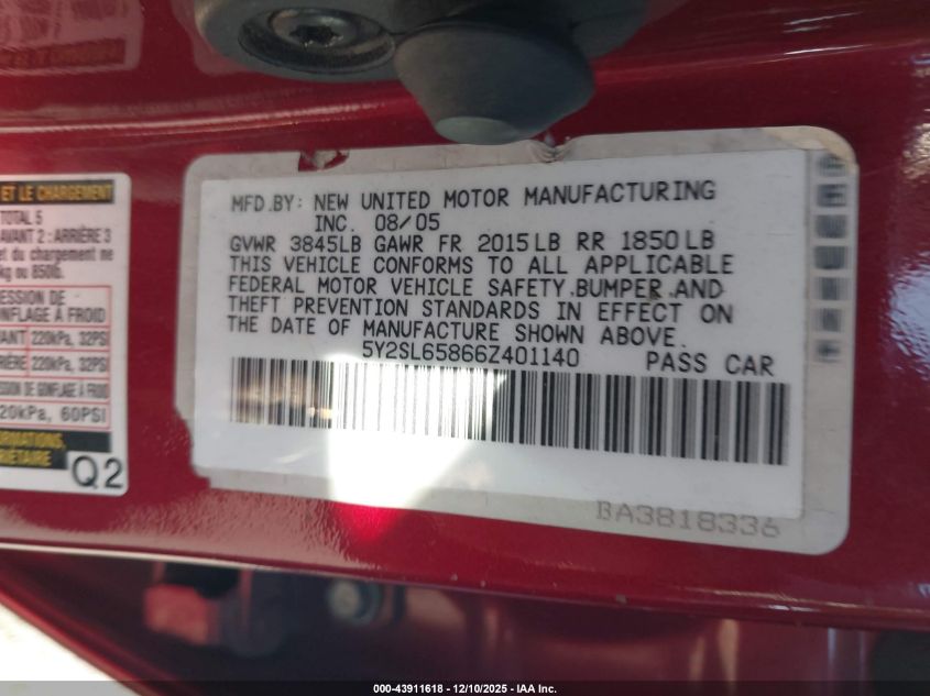 2006 Pontiac Vibe VIN: 5Y2SL65866Z401140 Lot: 43911618