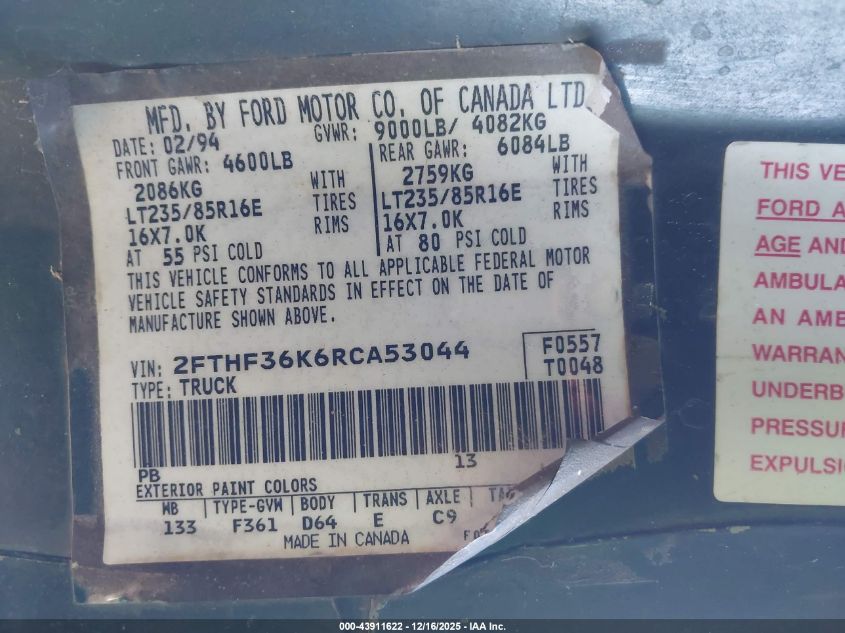 1994 Ford F350 VIN: 2FTHF36K6RCA53044 Lot: 43911622