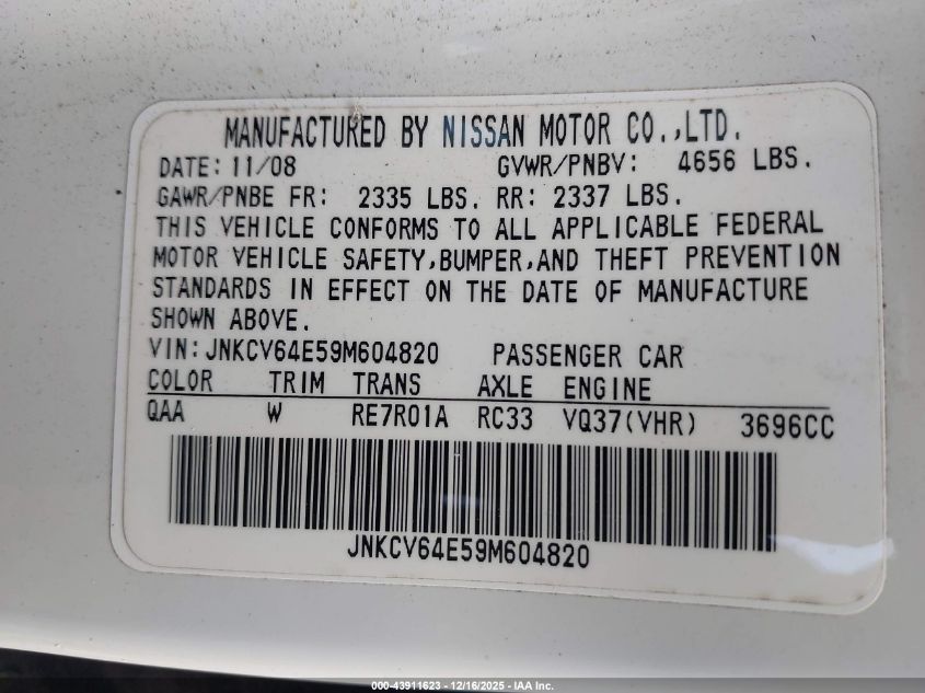 2009 Infiniti G37 VIN: JNKCV64E59M604820 Lot: 43911623