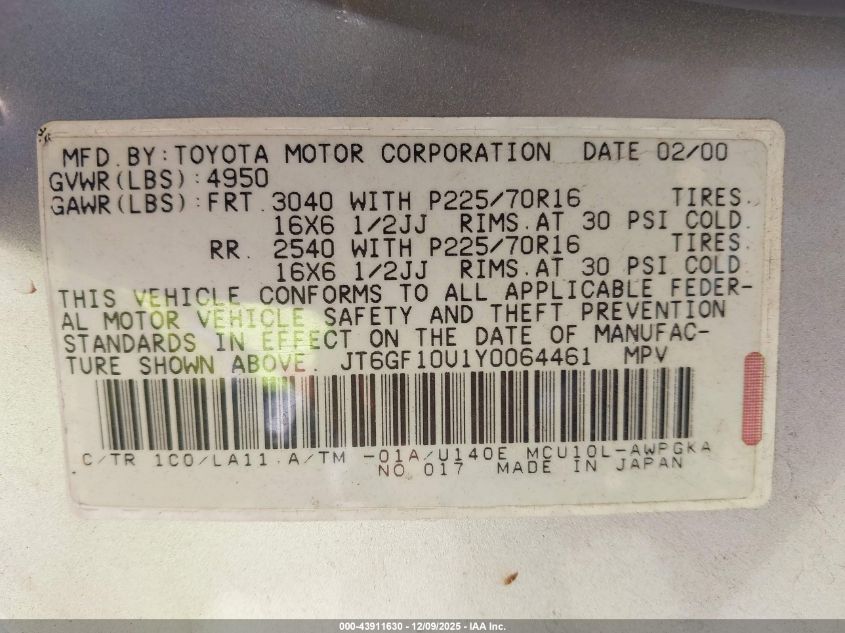 2000 Lexus Rx 300 VIN: JT6GF10U1Y0064461 Lot: 43911630