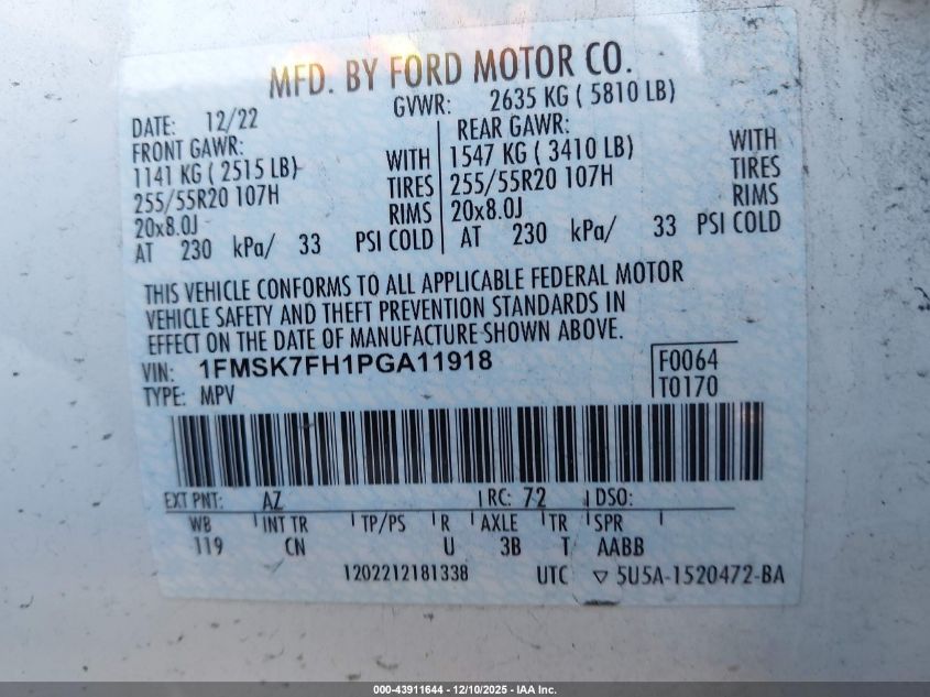 2023 Ford Explorer Limited VIN: 1FMSK7FH1PGA11918 Lot: 43911644