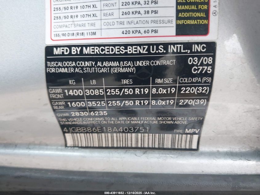 2008 Mercedes-Benz Ml 350 4Matic VIN: 4JGBB86E18A403751 Lot: 43911652