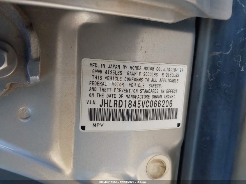 1997 Honda Cr-V VIN: JHLRD1845VC066206 Lot: 43911659