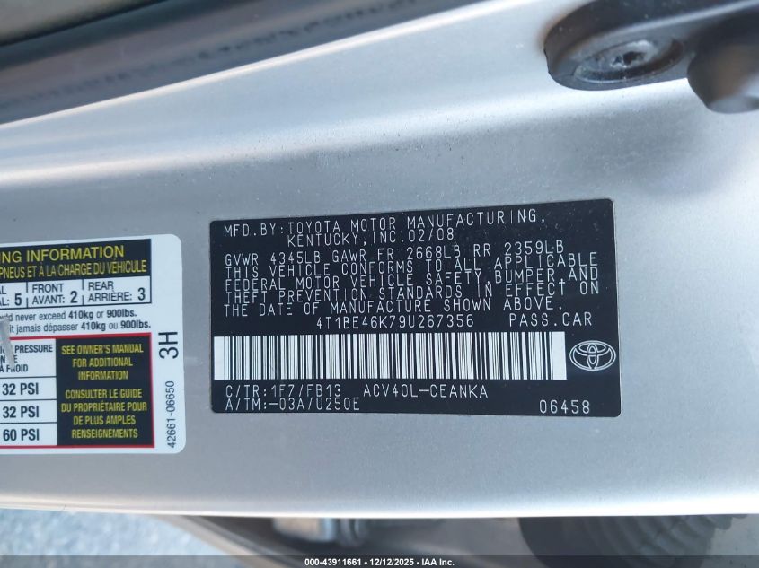 2009 Toyota Camry Le VIN: 4T1BE46K79U267356 Lot: 43911661