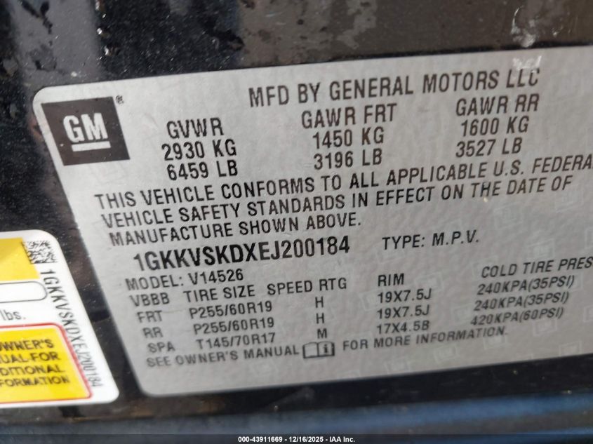 2014 GMC Acadia Slt-2 VIN: 1GKKVSKDXEJ200184 Lot: 43911669