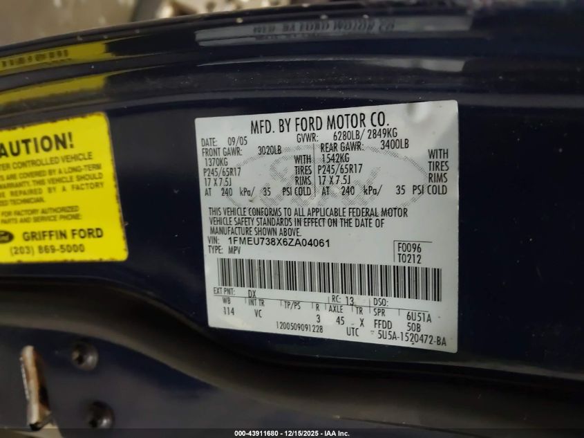 2006 Ford Explorer Xlt VIN: 1FMEU738X6ZA04061 Lot: 43911680