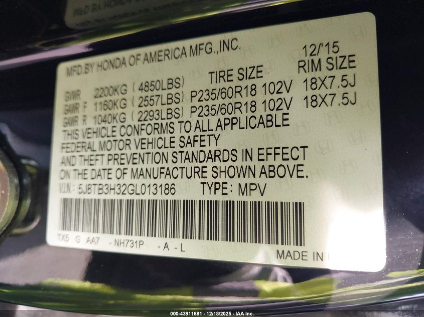 2016 Acura Rdx Acurawatch Plus Pkg VIN: 5J8TB3H32GL013186 Lot: 43911681