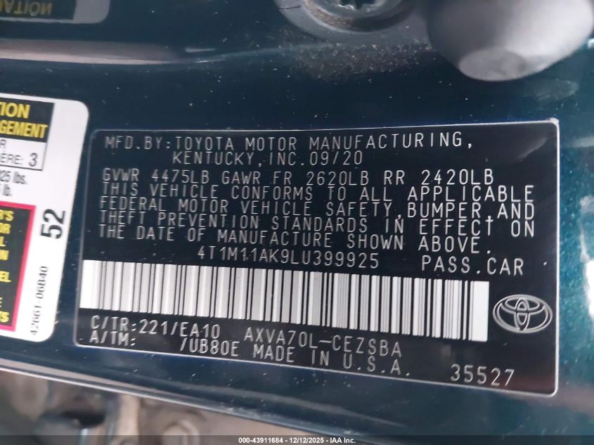 2020 Toyota Camry Se VIN: 4T1M11AK9LU399925 Lot: 43911684