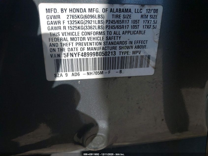 2009 Honda Pilot Touring VIN: 5FNYF48999B050213 Lot: 43911692