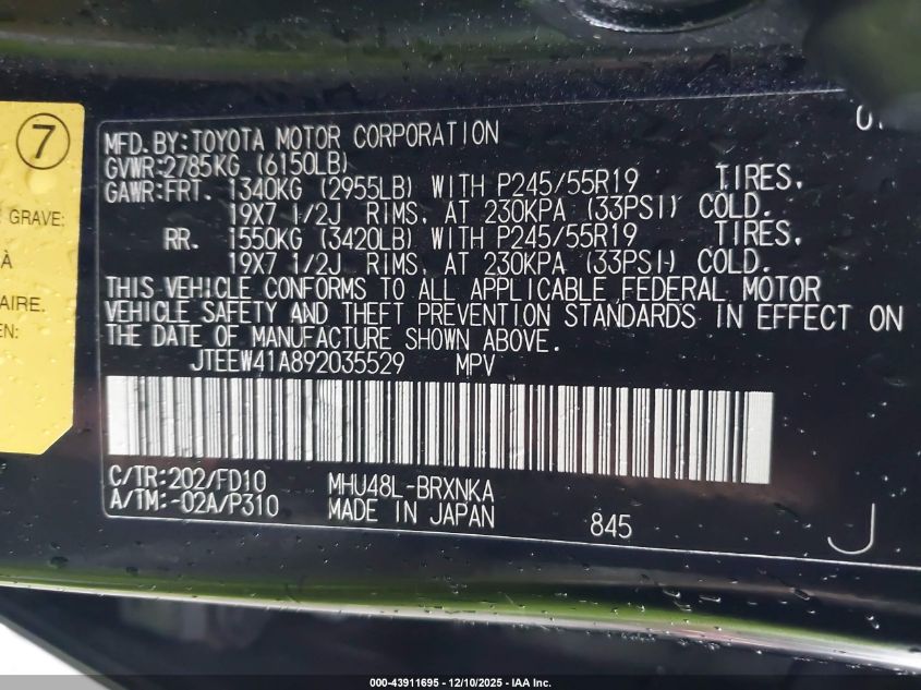 2009 Toyota Highlander Hybrid VIN: JTEEW41A892035529 Lot: 43911695