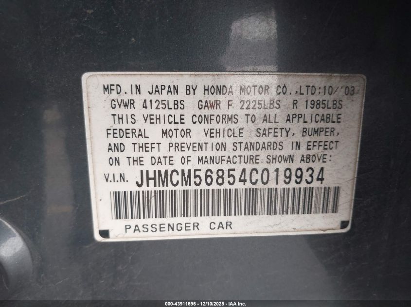 2004 Honda Accord 2.4 Ex VIN: JHMCM56854C019934 Lot: 43911696