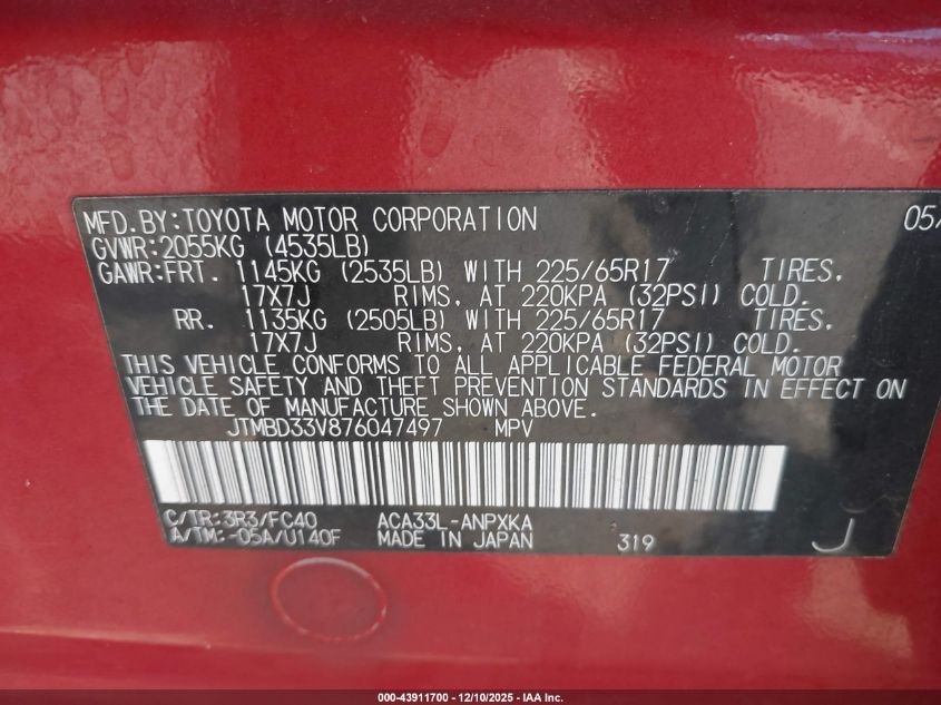 2007 Toyota Rav4 VIN: JTMBD33V876047497 Lot: 43911700