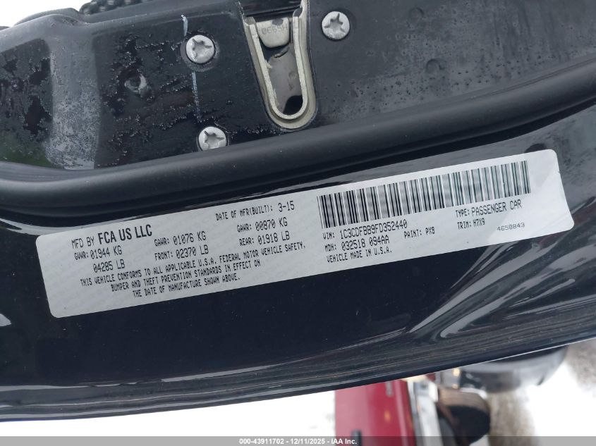 2015 Dodge Dart Sxt VIN: 1C3CDFBB9FD352440 Lot: 43911702