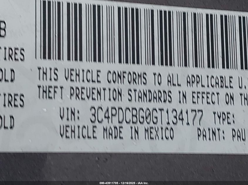 2016 Dodge Journey Sxt VIN: 3C4PDCBG0GT134177 Lot: 43911705