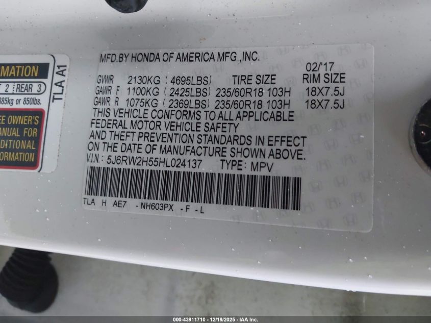 2017 Honda Cr-V Ex VIN: 5J6RW2H55HL024137 Lot: 43911710