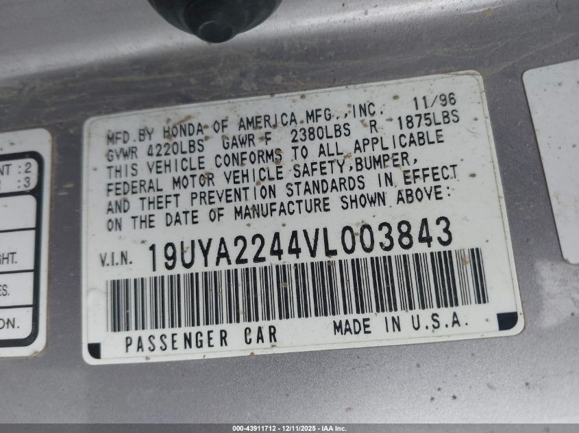 1997 Acura Cl 3.0 VIN: 19UYA2244VL003843 Lot: 43911712