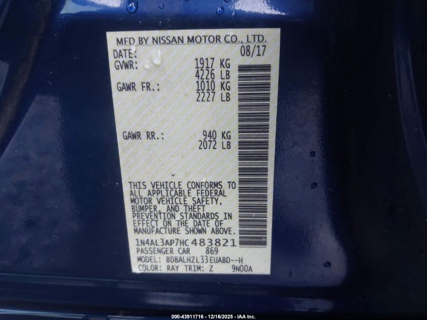 2017 Nissan Altima 2.5 Sr VIN: 1N4AL3AP7HC483821 Lot: 43911716