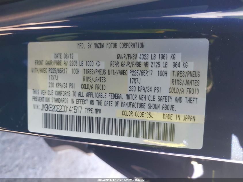 2013 Mazda Cx-5 Touring VIN: JM3KE2CE2D0141517 Lot: 43911717