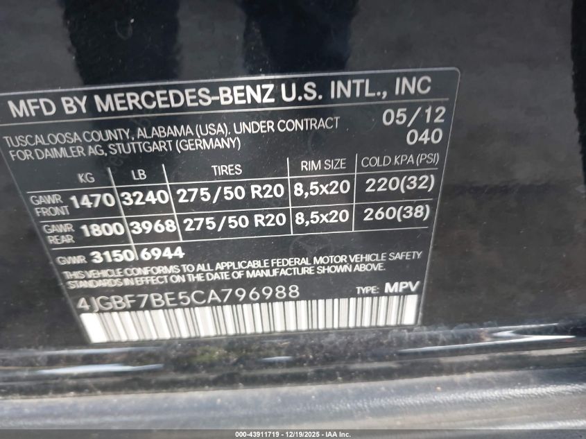 2012 Mercedes-Benz Gl 450 4Matic VIN: 4JGBF7BE5CA796988 Lot: 43911719