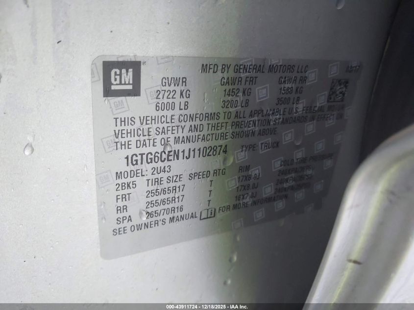 2018 GMC Canyon Sle Crew Cab Sle VIN: 1GTG6CEN1J1102874 Lot: 43911724