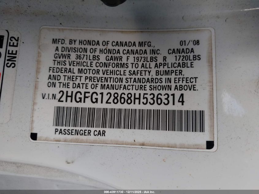 2008 Honda Civic Ex VIN: 2HGFG12868H536314 Lot: 43911730