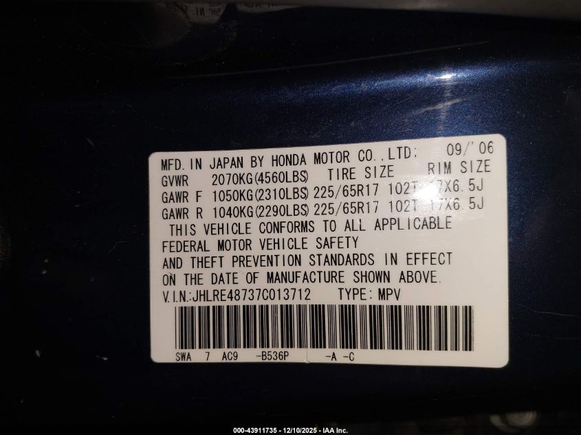 2007 Honda Cr-V Ex-L VIN: JHLRE48737C013712 Lot: 43911735