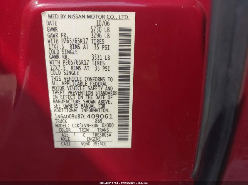 2007 Nissan Frontier Le VIN: 1N6AD09U87C409061 Lot: 43911751