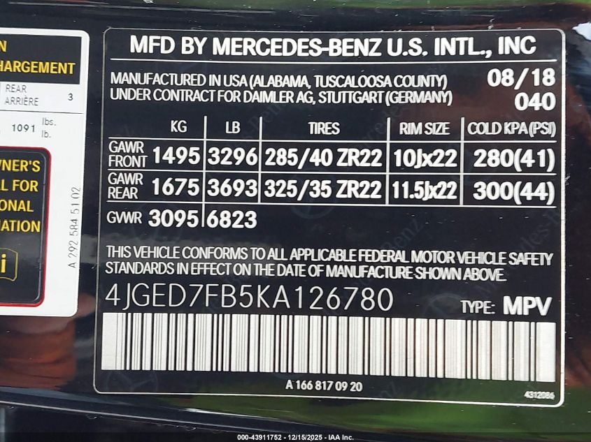 2019 Mercedes-Benz Amg Gle 63 Coupe S 4Matic VIN: 4JGED7FB5KA126780 Lot: 43911752