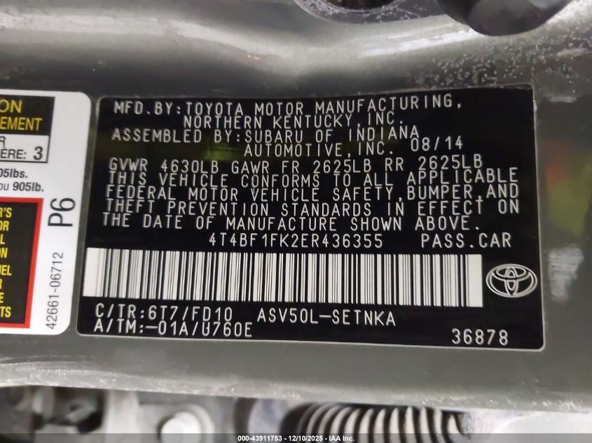 2014 Toyota Camry Le VIN: 4T4BF1FK2ER436355 Lot: 43911753