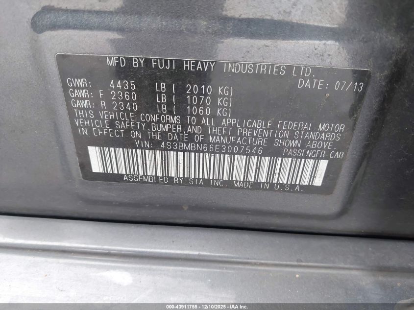 2014 Subaru Legacy 2.5I Limited VIN: 4S3BMBN66E3007546 Lot: 43911755