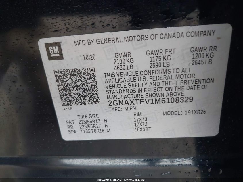 2021 Chevrolet Equinox Awd 2Fl VIN: 2GNAXTEV1M6108329 Lot: 43911770