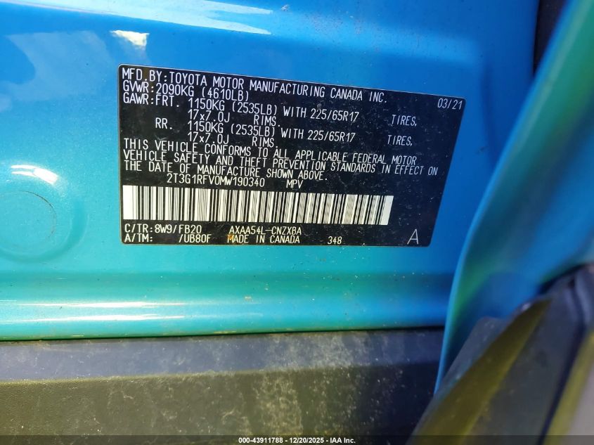 2021 Toyota Rav4 Le VIN: 2T3G1RFV0MW190340 Lot: 43911788