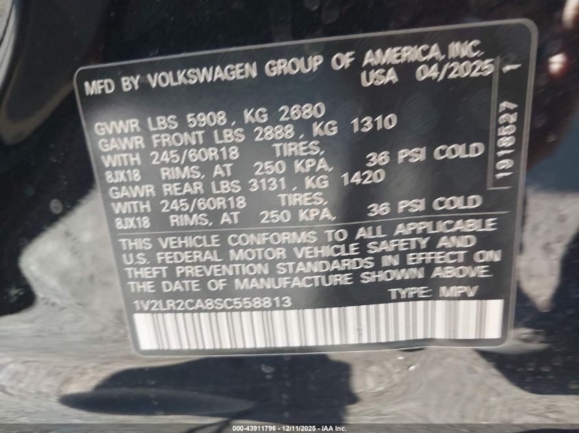 2025 Volkswagen Atlas 2.0T Se VIN: 1V2LR2CA8SC558813 Lot: 43911796