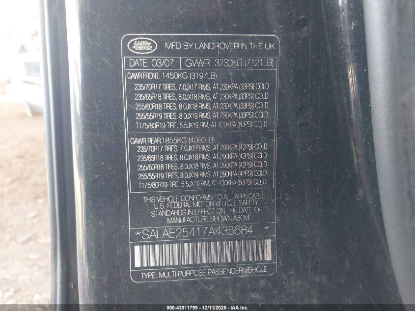 2007 Land Rover Lr3 V8 Se VIN: SALAE25417A435684 Lot: 43911799