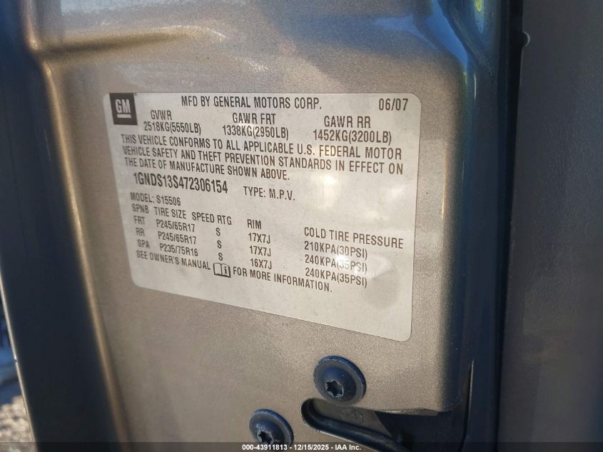 2007 Chevrolet Trailblazer Ls VIN: 1GNDS13S472306154 Lot: 43911813