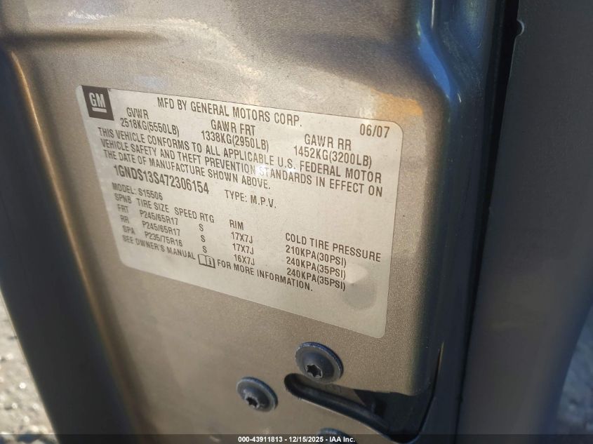 2007 Chevrolet Trailblazer Ls VIN: 1GNDS13S472306154 Lot: 43911813