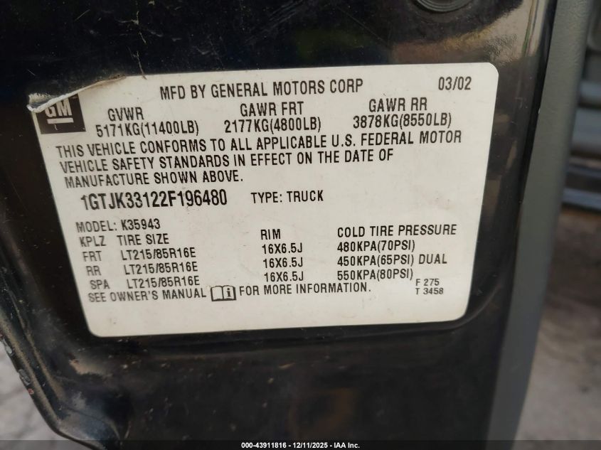 2002 GMC Sierra 3500 Sle VIN: 1GTJK33122F196480 Lot: 43911816