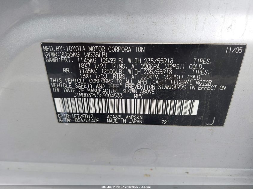 2006 Toyota Rav4 Sport VIN: JTMBD32V565004533 Lot: 43911819