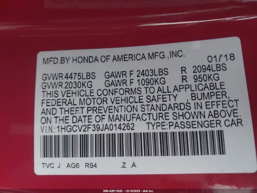 2018 Honda Accord Sport 2.0T VIN: 1HGCV2F39JA014262 Lot: 43911820