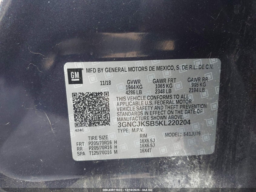 3GNCJKSB5KL220204 2019 CHEVROLET TRAX photo no. 9