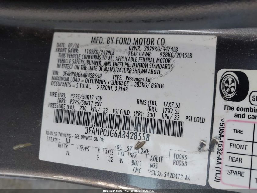 2010 Ford Fusion Sel VIN: 3FAHP0JG6AR428558 Lot: 43911826