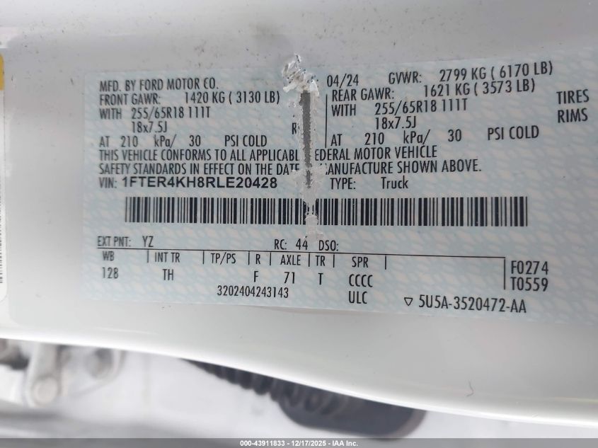 2024 Ford Ranger Lariat VIN: 1FTER4KH8RLE20428 Lot: 43911833