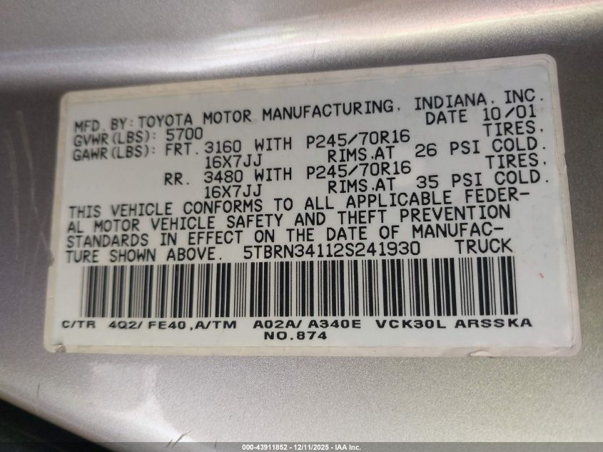 2002 Toyota Tundra Sr5 VIN: 5TBRN34112S241930 Lot: 43911852