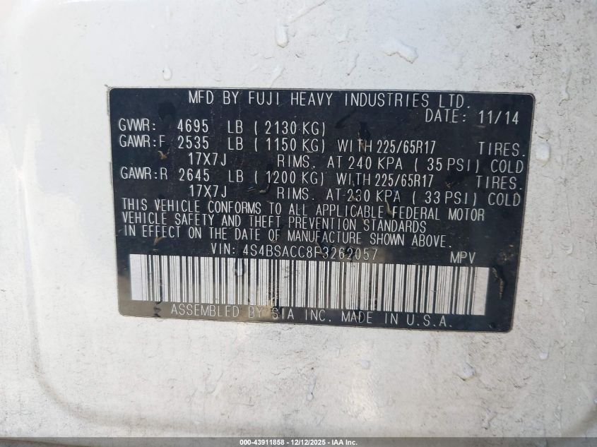 2015 Subaru Outback 2.5I Premium VIN: 4S4BSACC8F3262057 Lot: 43911858