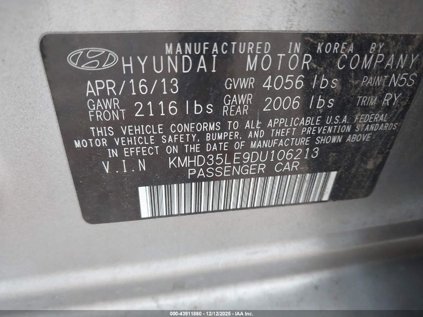 2013 Hyundai Elantra Gt VIN: KMHD35LE9DU106213 Lot: 43911860